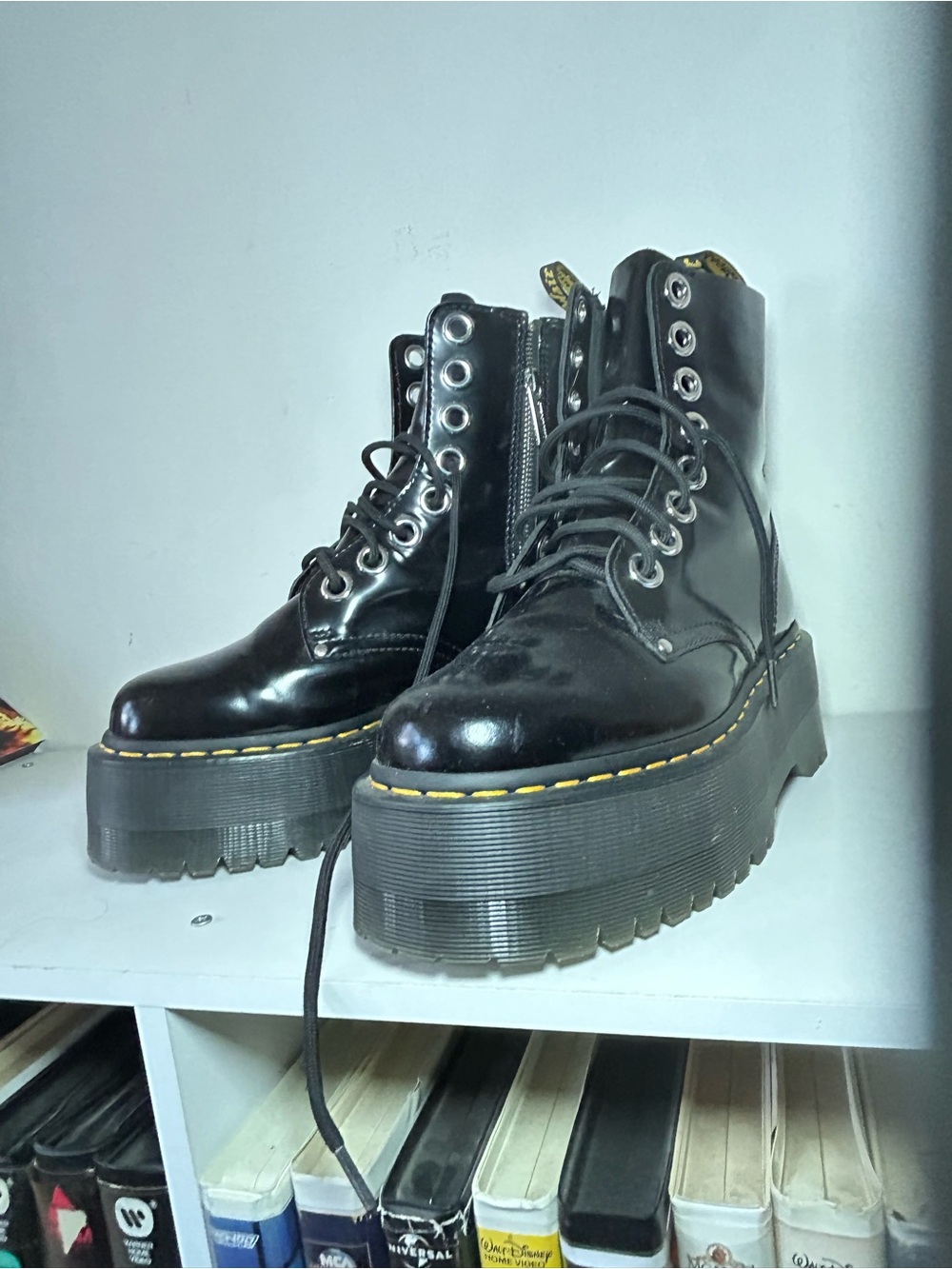 Dr. Martens Black Platform Lace-Up Boots with Yellow Stitching